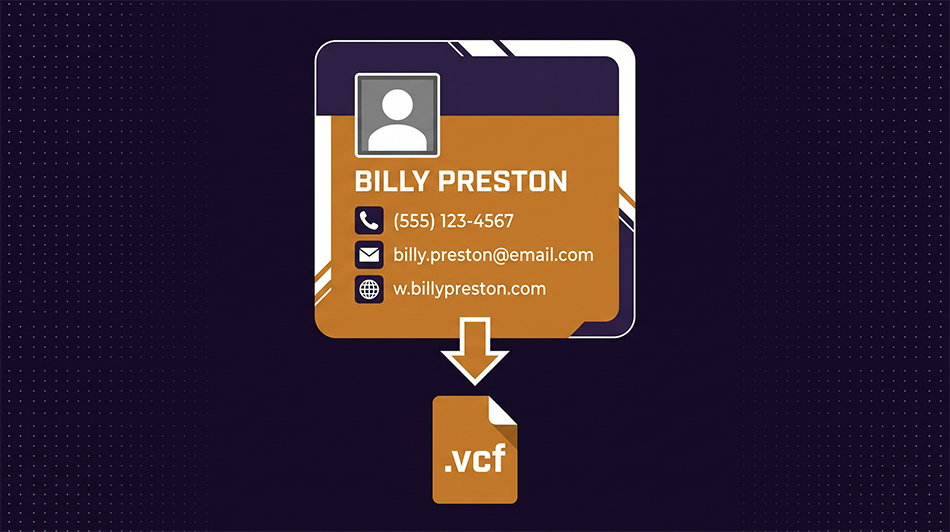 VCF contact card with photo, phone, email, and company fields