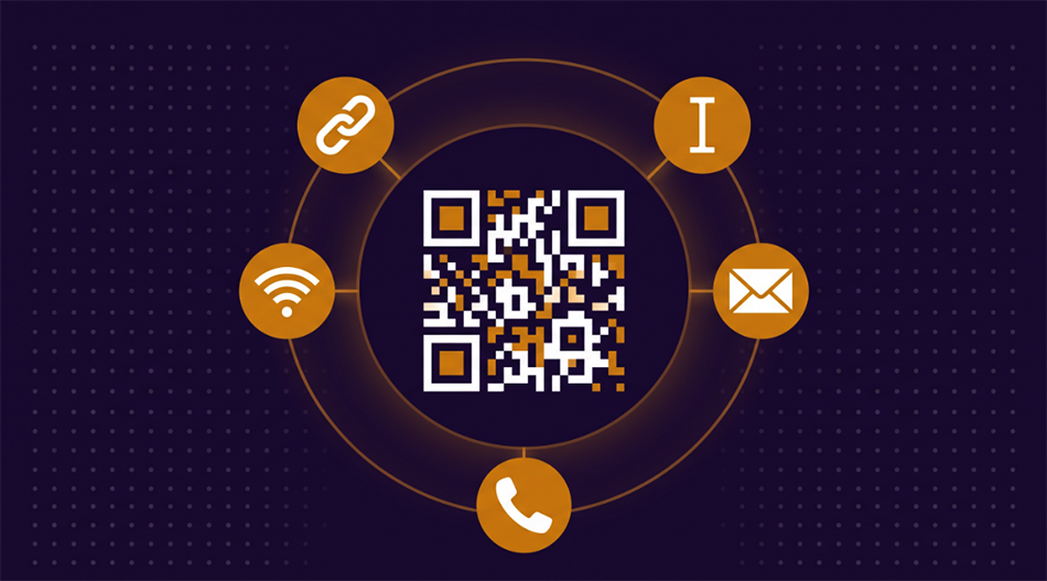 QR code maker showing URL, text, email, phone, and WiFi code types