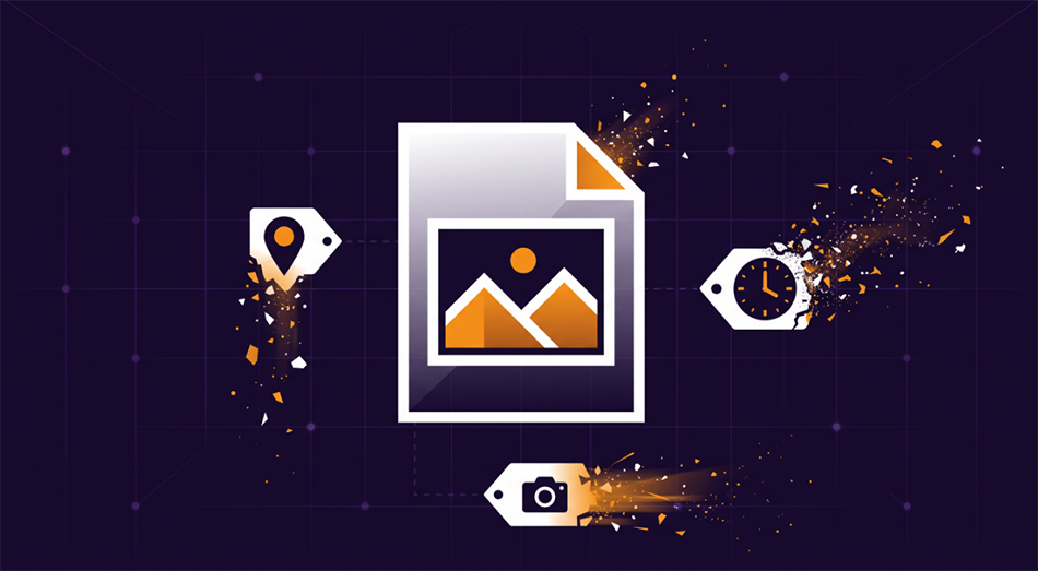 Illustration showing hidden metadata tags being stripped from a photo file